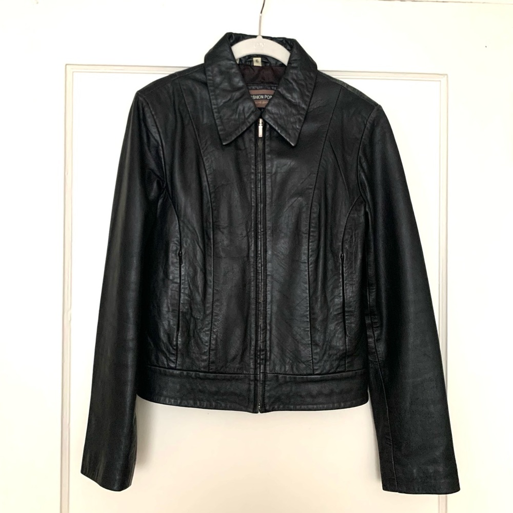 SOLD Fashion Point Black 90s Style Genuine Leather Jacket Women’s Size 6